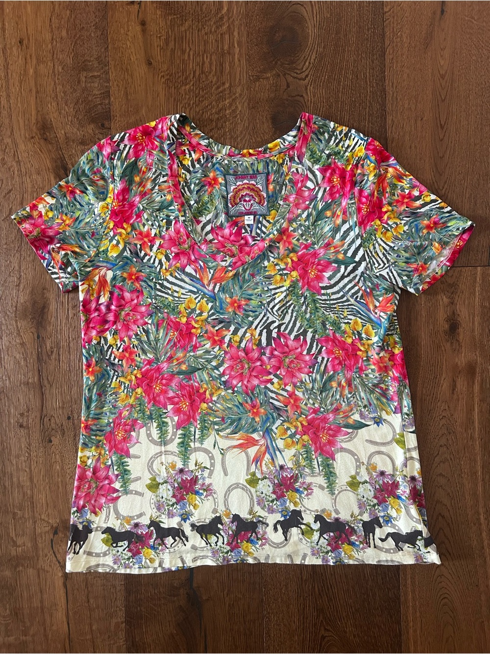 Johnny Was Pink Floral V-Neck Short Sleeve Tee with Green Foliage